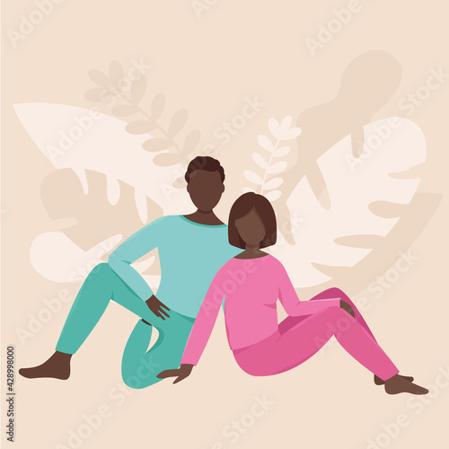 African American couple are sitting together. Man and woman in relationships. Faceless couple in pajamas . Vector illustration 