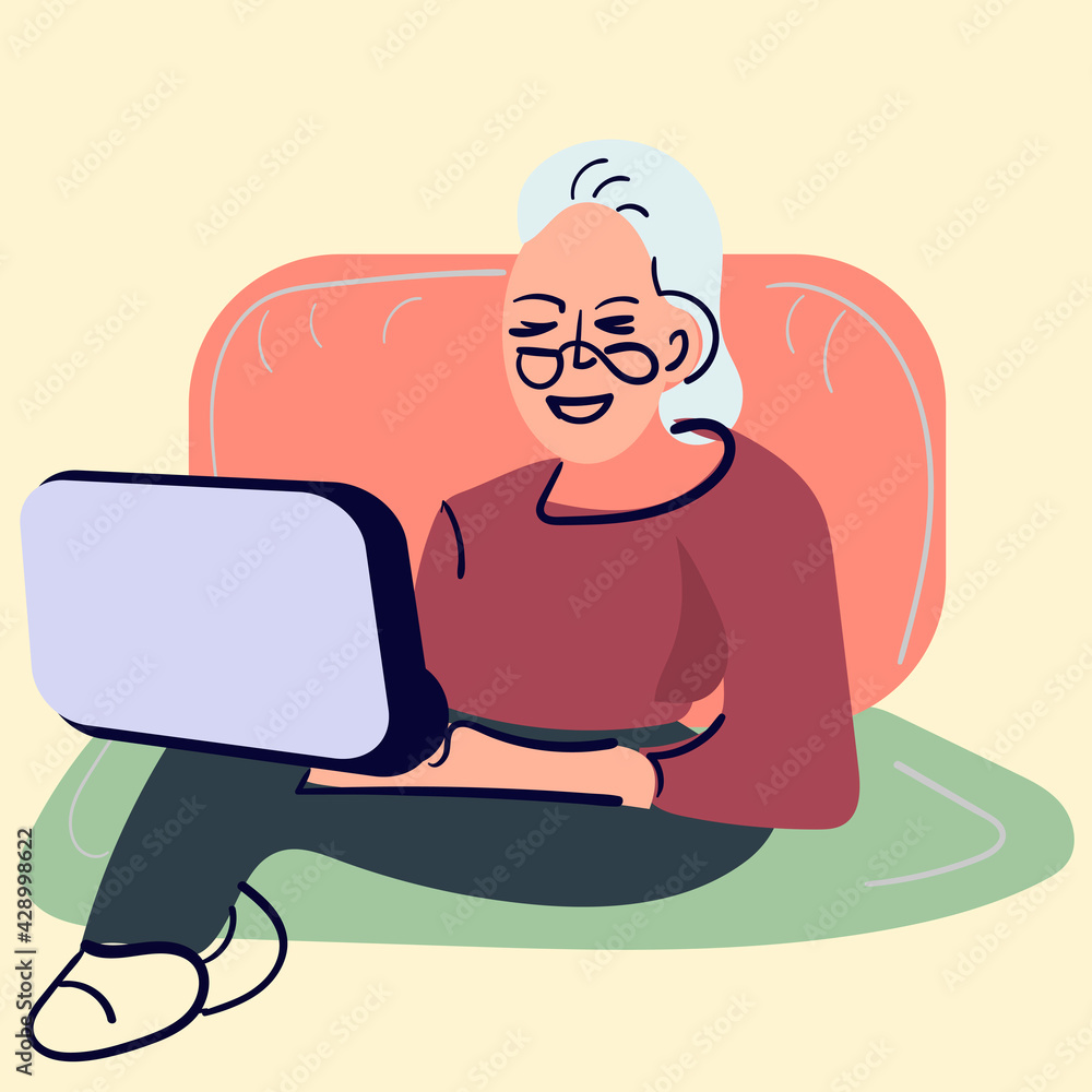 Social concept - old people using computer. an elderly person works or studies at a laptop. vector illustration isolated Social concept - old people using computer. an elderly person works or studies at a laptop. vector illustration isolated