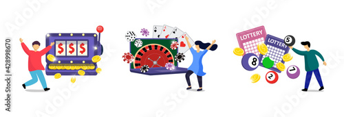 Online gambling addiction set. Risky entertainment internet casino dependence illustration. Slot machine, lottery game, roulette, dice and poker club scenes. Jackpot win and lucky raffle tickets