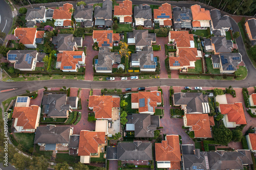 Aerial view of an average Australian urban neighbourhood, outer Sydney suburb, Australia.