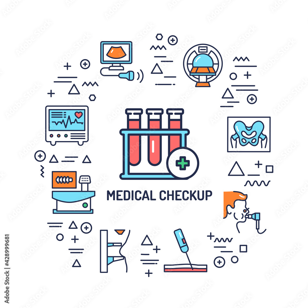 Medical checkup web banner. Infographics with linear icons on white background. Creative idea concept. Isolated outline color illustration Medical checkup web banner. Infographics with linear icons on white background. Creative idea concept. Isolated outline color illustration