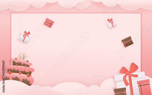 Decorated birthday card beautiful three gift box in the could paper style, paper cut, and papercraft. gift box hanging on the wall decorated with clouds and cake. Sweet pink background. 