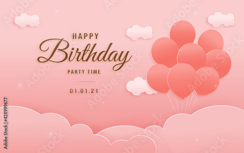 Decorated birthday card beautiful balloon on could paper style, paper cut, and papercraft. Online shop banners discount pink color Birthday Theme. Vector illustration.