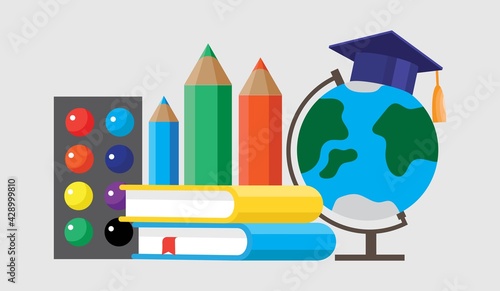 A set of school supplies from books, paints, pencils and a globe. Illustration in flat style.