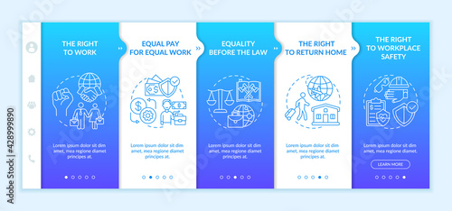 Migrant workers rights onboarding vector template. Responsive mobile website with icons. Web page walkthrough 5 step screens. Immigrant protection color concept with linear illustrations
