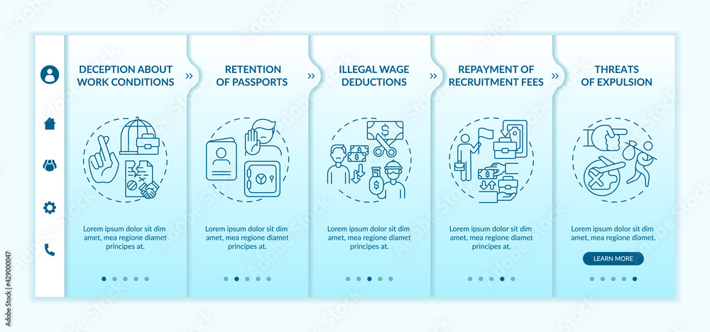 Migrant workers rights violations onboarding vector template. Responsive mobile website with icons. Web page walkthrough 5 step screens. Discrimination color concept with linear illustrations