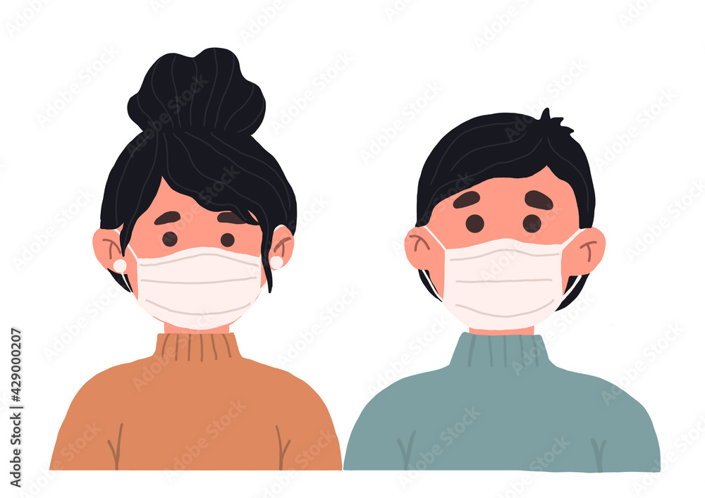 Obraz premium picture illustration man and woman wearing masks from coronovirus disease virus white masks social theme