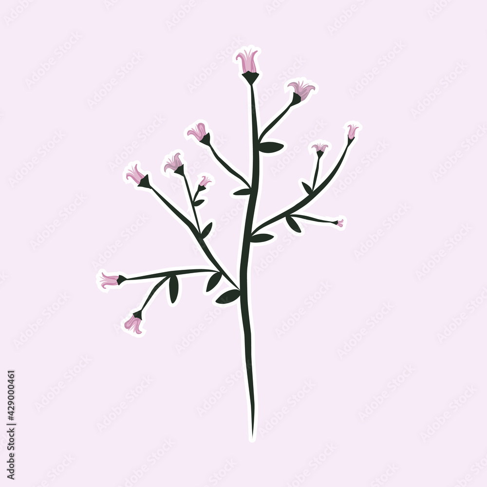 Hand drawn blooming flower. Sakura branch with pink buds. Abstract cartoon vector illustration of a flowering wild plant. Colored sticker design. Hand drawn blooming flower. Sakura branch with pink buds. Abstract cartoon vector illustration of a flowering wild plant. Colored sticker design.