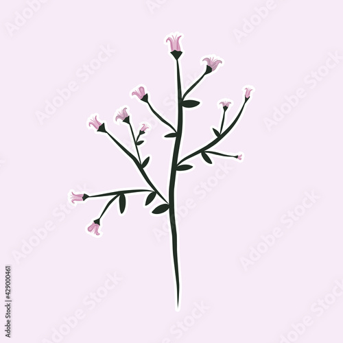 Hand drawn blooming flower. Sakura branch with pink buds. Abstract cartoon vector illustration of a flowering wild plant. Colored sticker design.