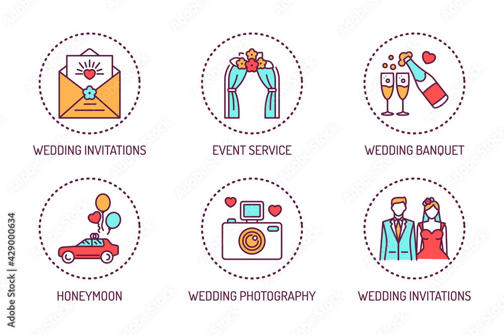 Marriage color line icons set. Wedding agency. Isolated vector element. Outline pictograms for web page, mobile app, promo.