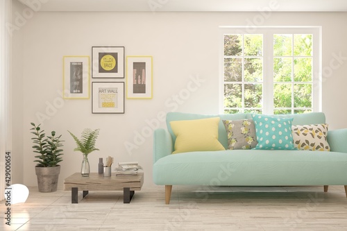 Minimalist living room in white color with sofa and summer landscape in window. Scandinavian interior design. 3D illustration