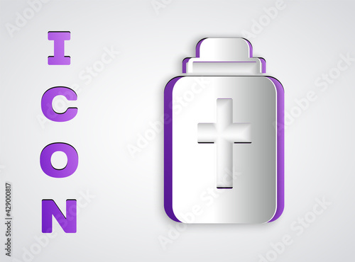 Paper cut Funeral urn icon isolated on grey background. Cremation and burial containers, columbarium vases, jars and pots with ashes. Paper art style. Vector