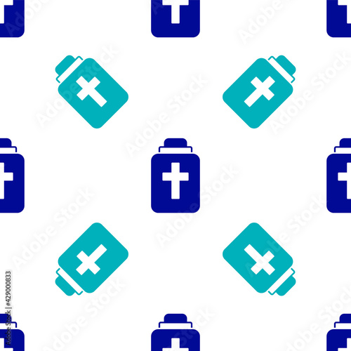 Blue Funeral urn icon isolated seamless pattern on white background. Cremation and burial containers, columbarium vases, jars and pots with ashes. Vector