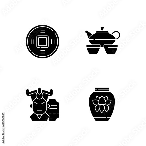 Asia black glyph icons set on white space. Ancient Chinese coin. Tea set for ceremony. Cantonese opera. Traditional porcelain and ceramics. Silhouette symbols. Vector isolated illustration