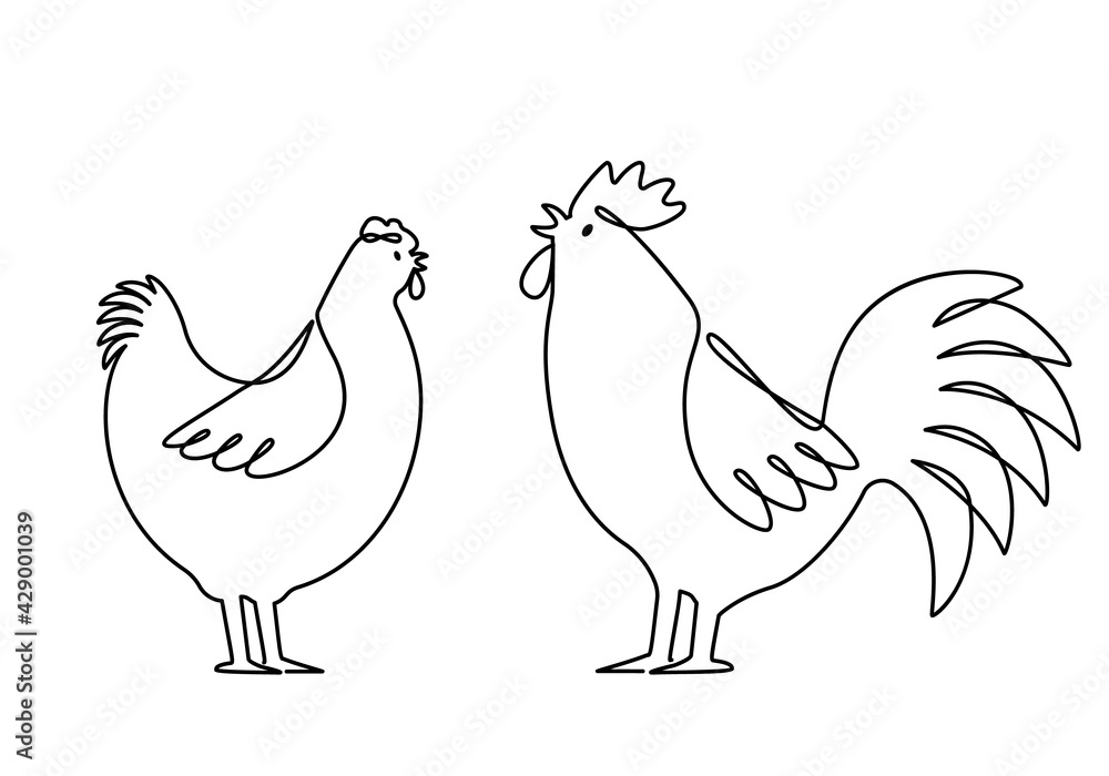 Set of domestic birds from the farm. Rooster, hen are drawn with one continuous line. Set of domestic birds from the farm. Rooster, hen are drawn with one continuous line.