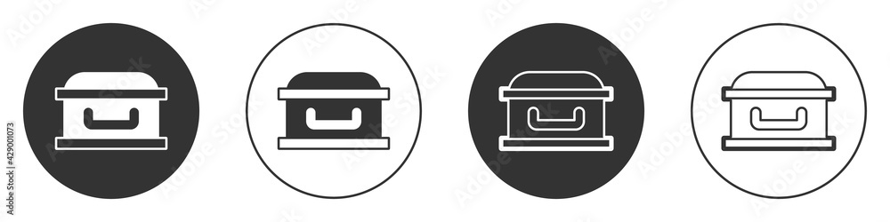 Black Coffin with christian cross icon isolated on white background. Happy Halloween party. Circle button. Vector Black Coffin with christian cross icon isolated on white background. Happy Halloween party. Circle button. Vector