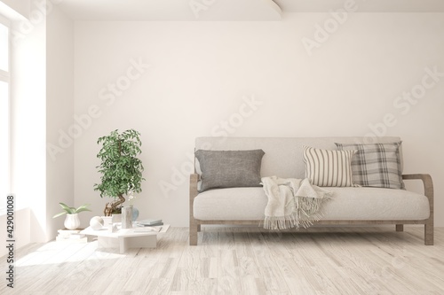 Soft color living room with sofa. Scandinavian interior design. 3D illustration