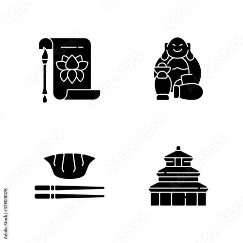 Chinese history black glyph icons set on white space. Traditional calligraphy. Laughing Buddha. Jiaozi, gyoza. Temple of Heaven. Eastern culture. Silhouette symbols. Vector isolated illustration