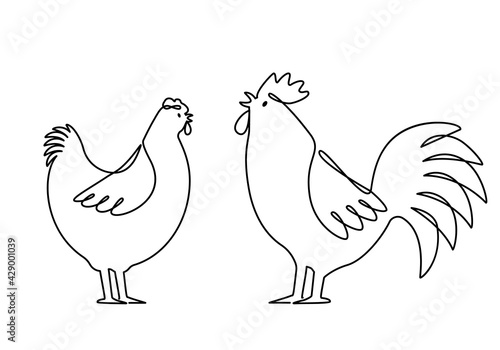 Set of domestic birds from the farm. Rooster, hen are drawn with one continuous line.