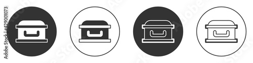 Black Coffin with christian cross icon isolated on white background. Happy Halloween party. Circle button. Vector