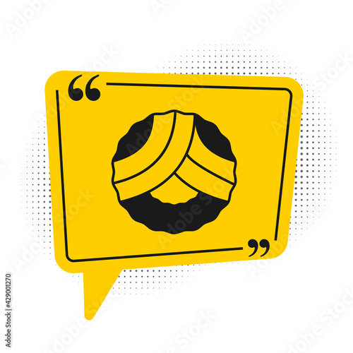 Black Memorial wreath icon isolated on white background. Funeral ceremony. Yellow speech bubble symbol. Vector