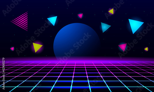planet and geometric triangles on the background of the landscape laser grid in space.