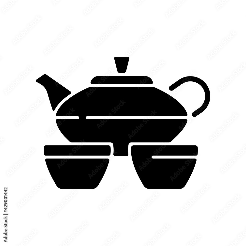 Chinese tea set black glyph icon. Kitchen utensils. Serving hot drink. Traditional chinese ceremony. Ancient japanese culture. Silhouette symbol on white space. Vector isolated illustration Chinese tea set black glyph icon. Kitchen utensils. Serving hot drink. Traditional chinese ceremony. Ancient japanese culture. Silhouette symbol on white space. Vector isolated illustration