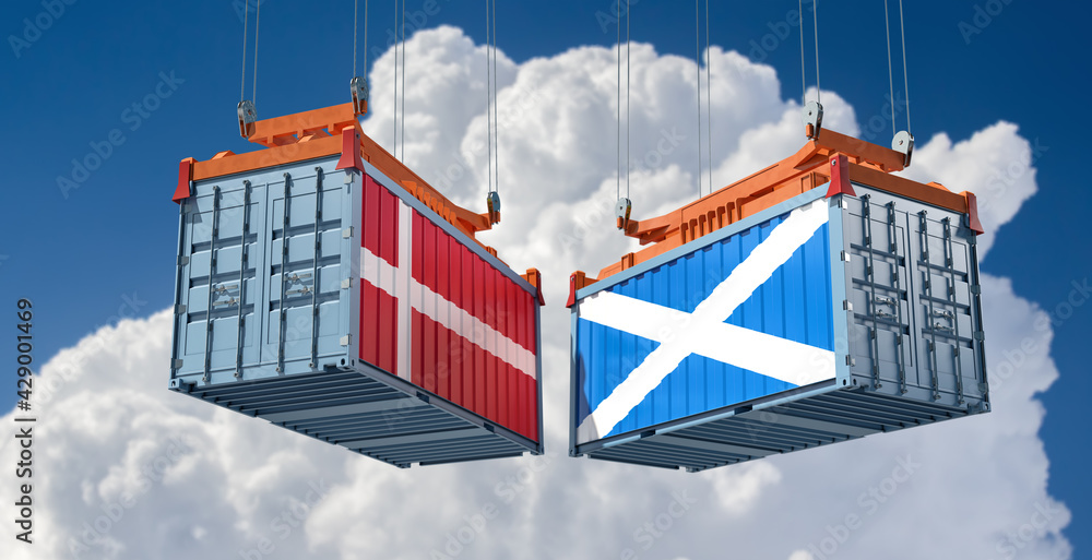 Freight containers with Scotland and Denmark national flags. 3D Rendering 