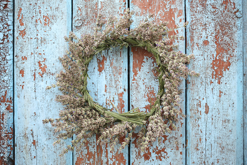  Laventer wreath on  blue wooden door