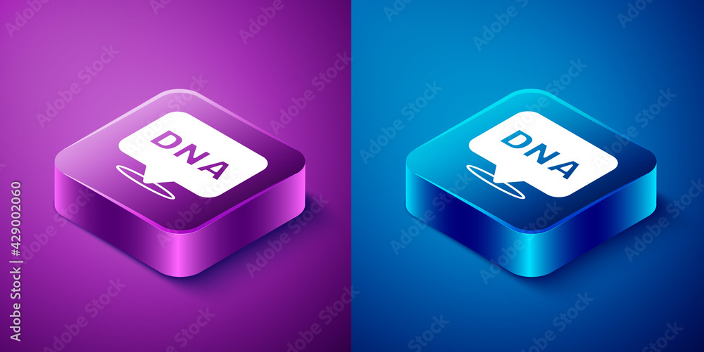 Isometric DNA symbol icon isolated on blue and purple background. Square button. Vector Isometric DNA symbol icon isolated on blue and purple background. Square button. Vector