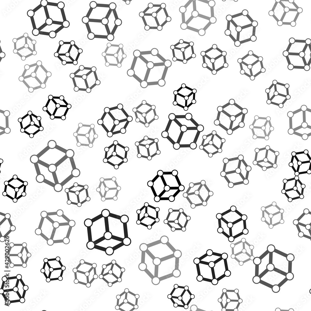 Fototapeta premium Black Molecule icon isolated seamless pattern on white background. Structure of molecules in chemistry, science teachers innovative educational poster. Vector