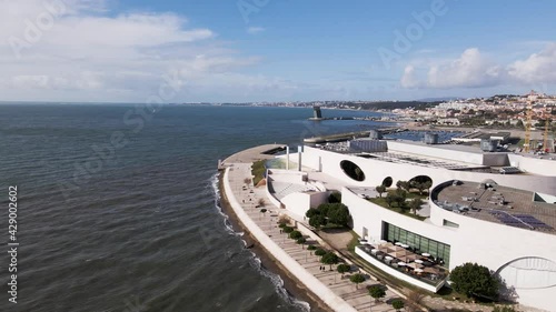 Lisbon, Portugal - 15 April 2021: Aerial view of Champalimaud Foundation along Tagus River in Belem district, Lisbon, Portugal.