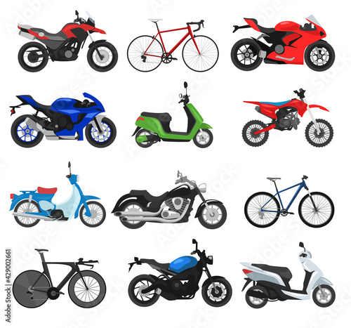 Different motorbikes and cycles flat vector illustrations set. Collection of motorcycles, bicycles, bikes with and without engine isolated on white background. Transport, vehicle, delivery concept