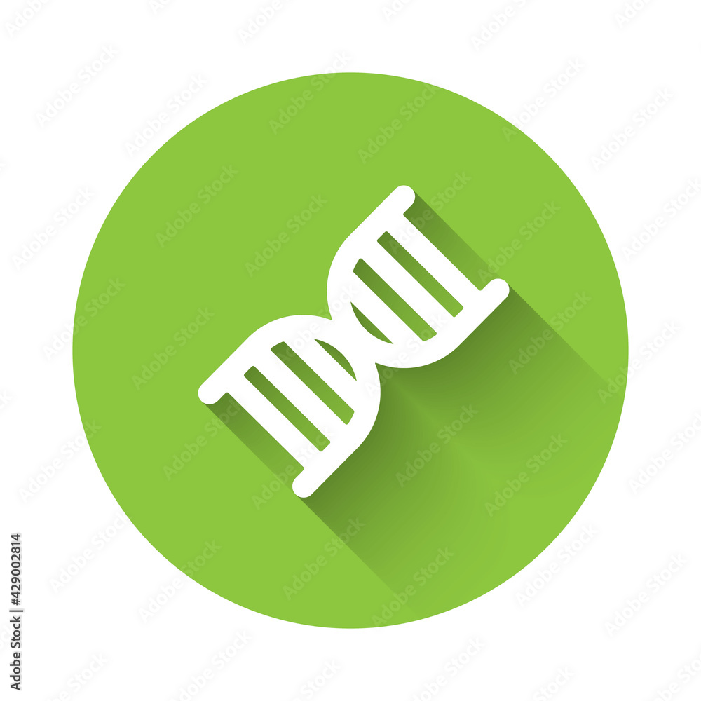 White DNA symbol icon isolated with long shadow. Green circle button. Vector White DNA symbol icon isolated with long shadow. Green circle button. Vector