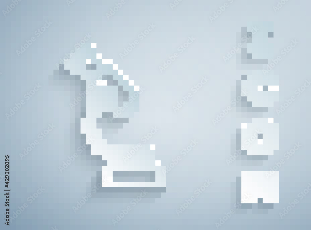 Fototapeta premium Paper cut Microscope icon isolated on grey background. Chemistry, pharmaceutical instrument, microbiology magnifying tool. Paper art style. Vector