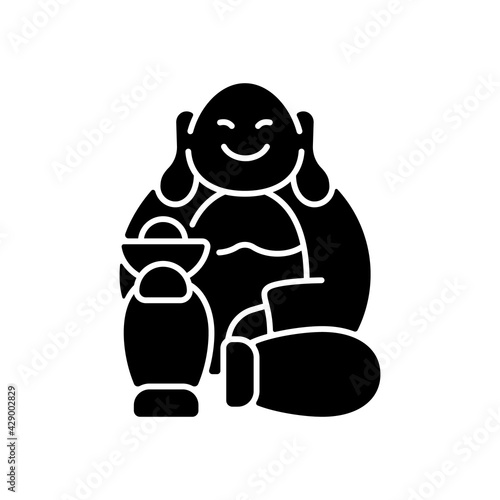 Laughing Buddha black glyph icon. Pray for prosperity, wealth. Chinese traditions. Spirituality, religion. Feng shui. Wish for fortune. Silhouette symbol on white space. Vector isolated illustration