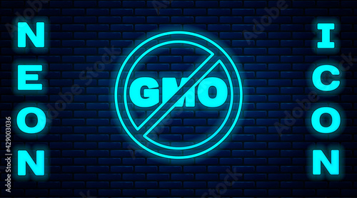 Glowing neon No GMO icon isolated on brick wall background. Genetically modified organism acronym. Dna food modification. Vector