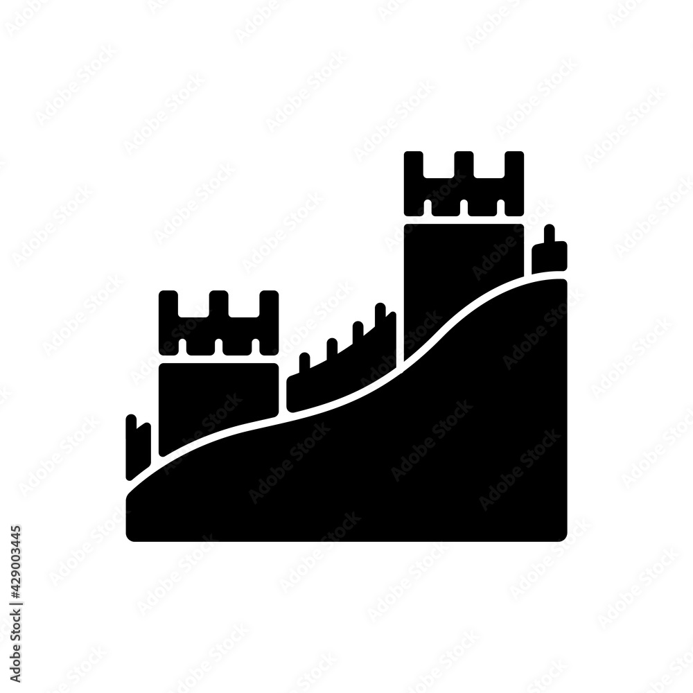The Great Wall black glyph icon. Ancient historical place in China. Chinese traditional landmark, tourist spot for visit. World wonder. Silhouette symbol on white space. Vector isolated illustration