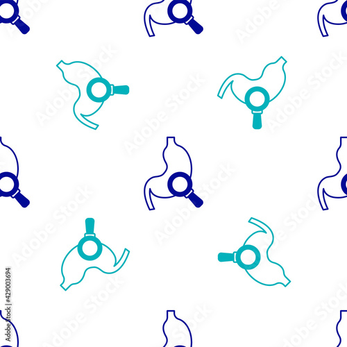 Blue Human stomach with magnifying glass icon isolated seamless pattern on white background. Vector