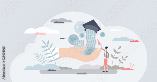 Scholarship credit for students education tuition payment tiny person concept. Money investment in knowledge and future university graduation vector illustration. Academic learning expenses funding.
