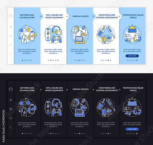 E-trash classification onboarding vector template. Responsive mobile website with icons. Web page walkthrough 5 step screens. Sports equipment night and day mode concept with linear illustrations