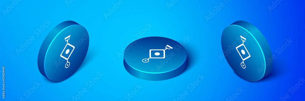 Isometric Chinese paper lantern icon isolated on blue background. Blue circle button. Vector Isometric Chinese paper lantern icon isolated on blue background. Blue circle button. Vector