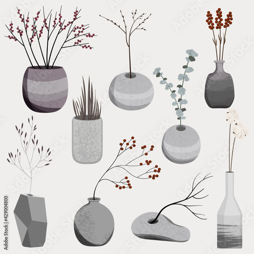 Vector collection of gray vases with different plants. Hand drawn set of stylish vases with branches, twig, berries and other plants. Stylish flat elements for your desing isolated on white background