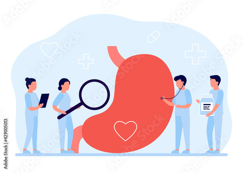 Stomach and abdominal care, belly checkup doctor. Gastrointestinal indigestion, helicobacter, disease and Illness stomach. Gastroenterology, tract system examination, medical health care. Vector