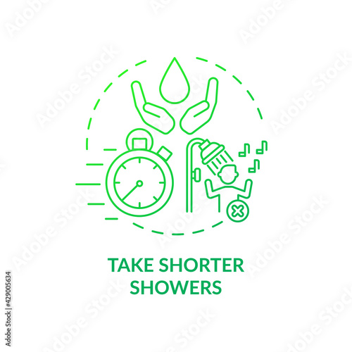 Take shorter showers ideas concept icon. Sustainable tourism ideas. Reduce your daily water amount consumption idea thin line illustration. Vector isolated outline RGB color drawing