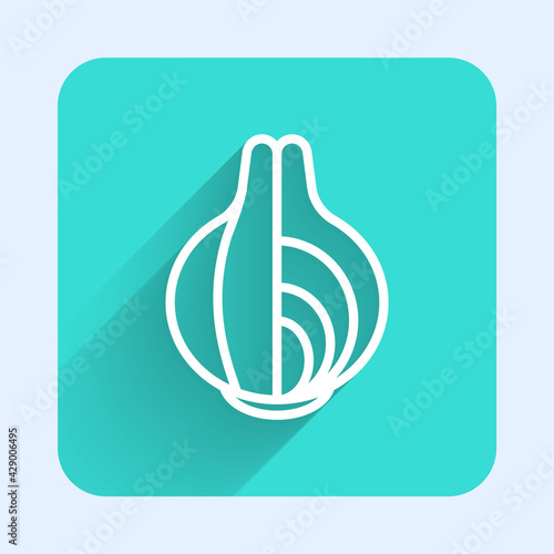 White line Onion icon isolated with long shadow. Green square button. Vector