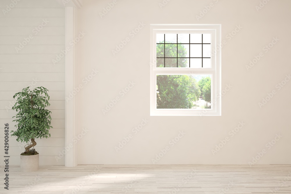 White empty room with summer landscape in window. Scandinavian interior design. 3D illustration White empty room with summer landscape in window. Scandinavian interior design. 3D illustration