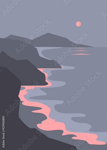evening seascape, rocky coastline shore and pink sunset vector print ilustration
