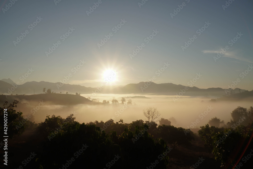 sun rises over the mountains and the sea of ​​mist at Doi Muang Chiang Dao.
