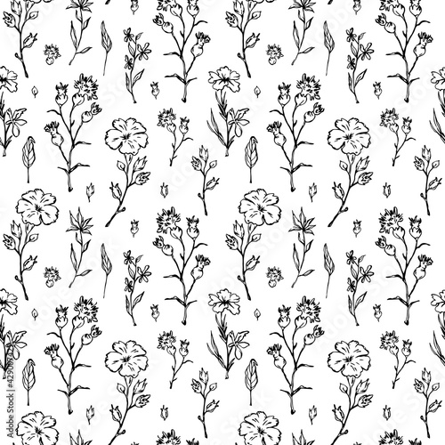 black and white outlined sketchy florals seamless pattern, endless repeatable texture